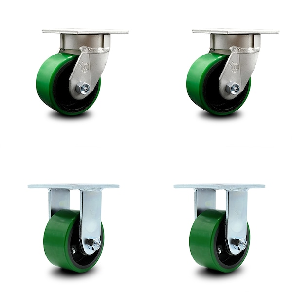 4 Inch Kingpinless Green Poly on Steel Wheel Swivel Caster Swivel 2 Rigid, 2PK